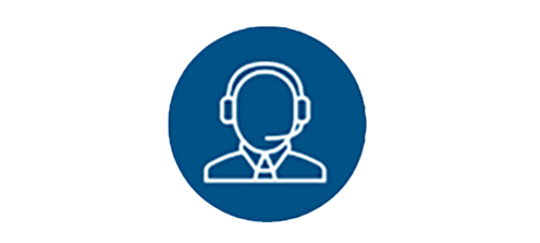 A white on blue icon of a person, presumably a Customer service rep, with a headset on